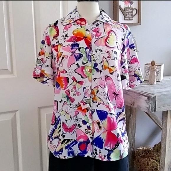 90's Alia Vintage Butterfly Blouse Sheer Short Sleeve Colorful Bold - Picture 1 of 7